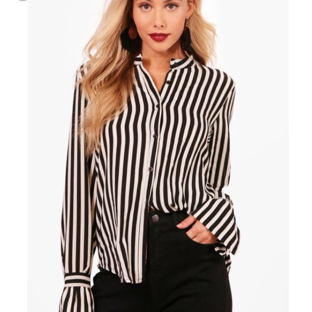 Boohoo Mya Stripe Ruffle Cuff Woven Shirt